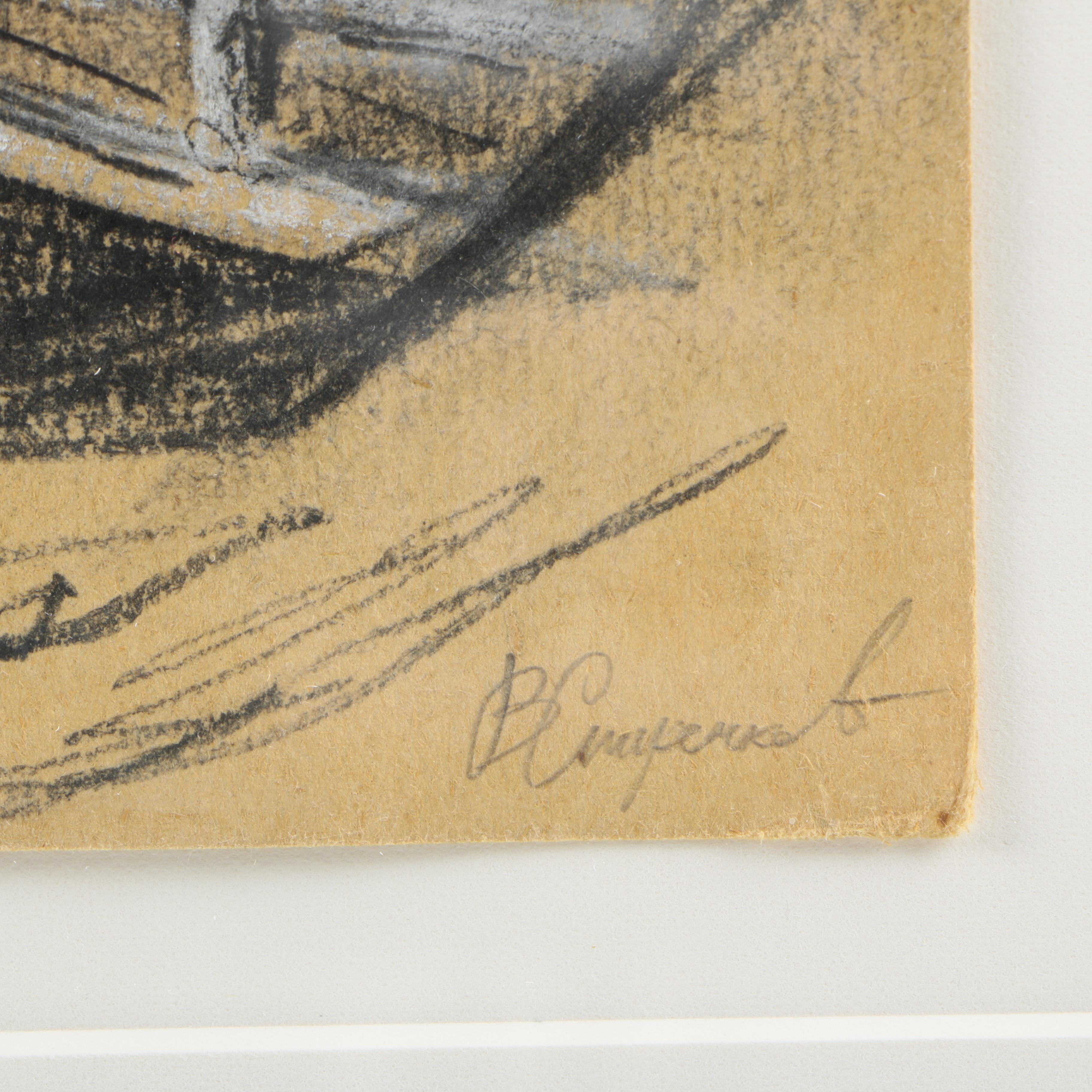 Conte Crayon Drawing on Tan Paper of Coastal House