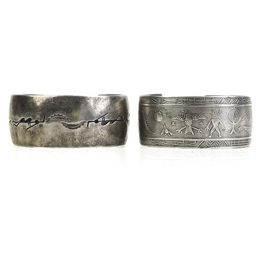 Pair of Native American Inspired Sterling Silver Cuff Bracelets