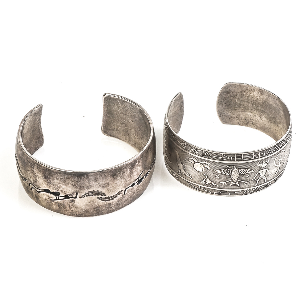 Pair of Native American Inspired Sterling Silver Cuff Bracelets