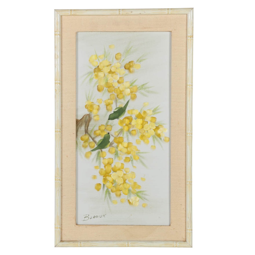 John Bordiuk Oil Painting on Canvas Board of Yellow Flowers and Green Birds