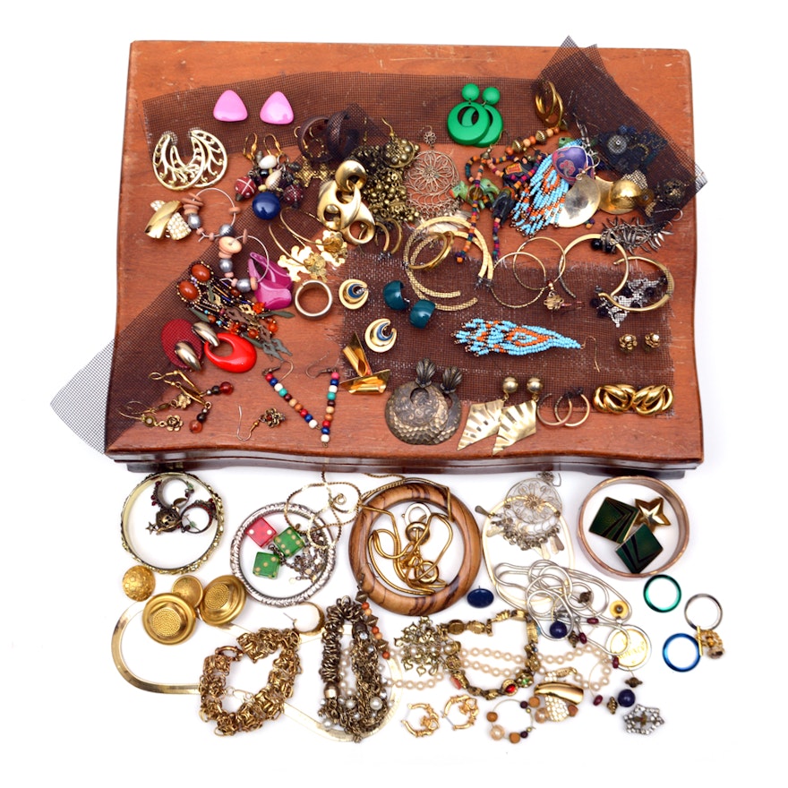 Assorted Costume Jewelry and Jewelry Box