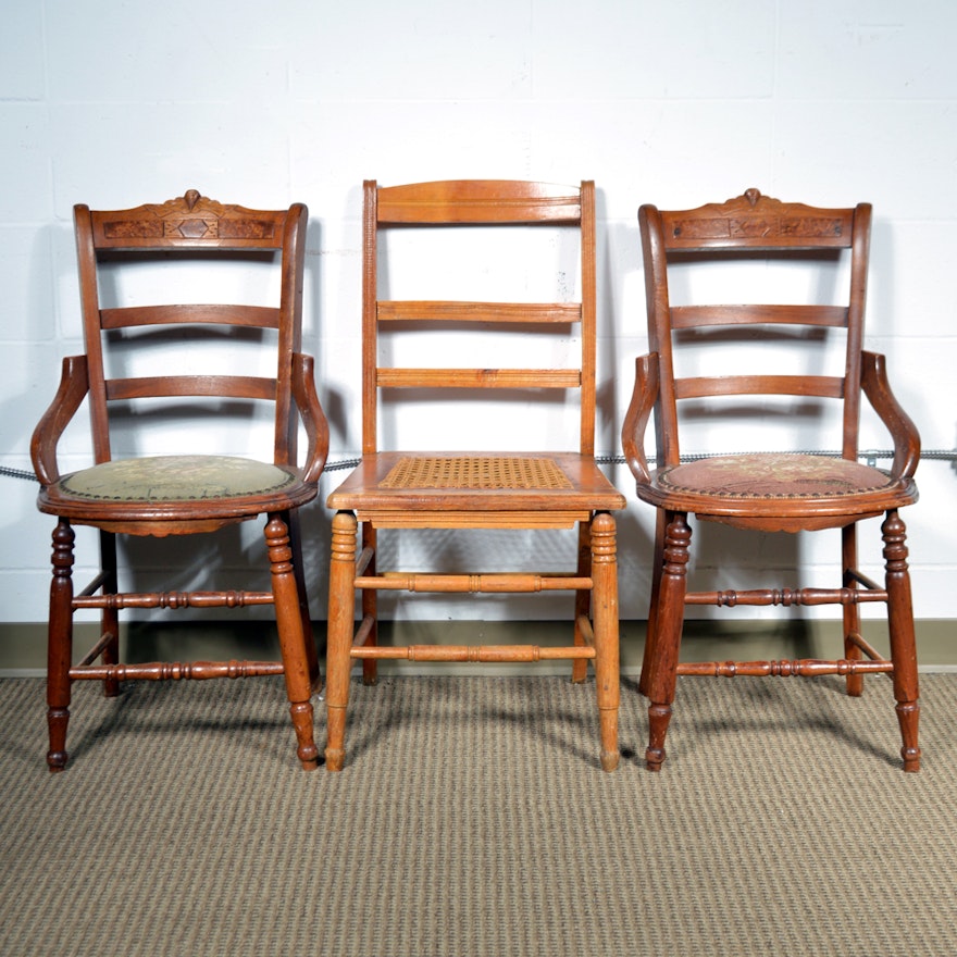Pair of Antique Victorian Side Chairs and Ladderback Side Chair