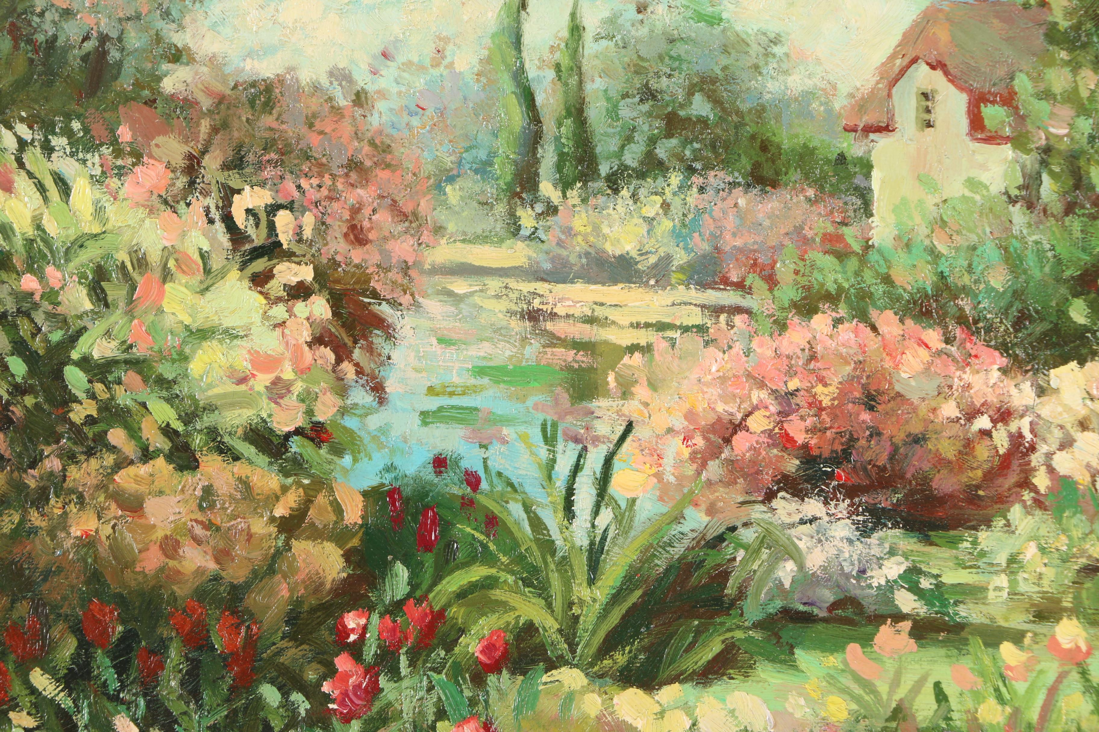 Cassal Oil Painting on Canvas of a Pond and Garden