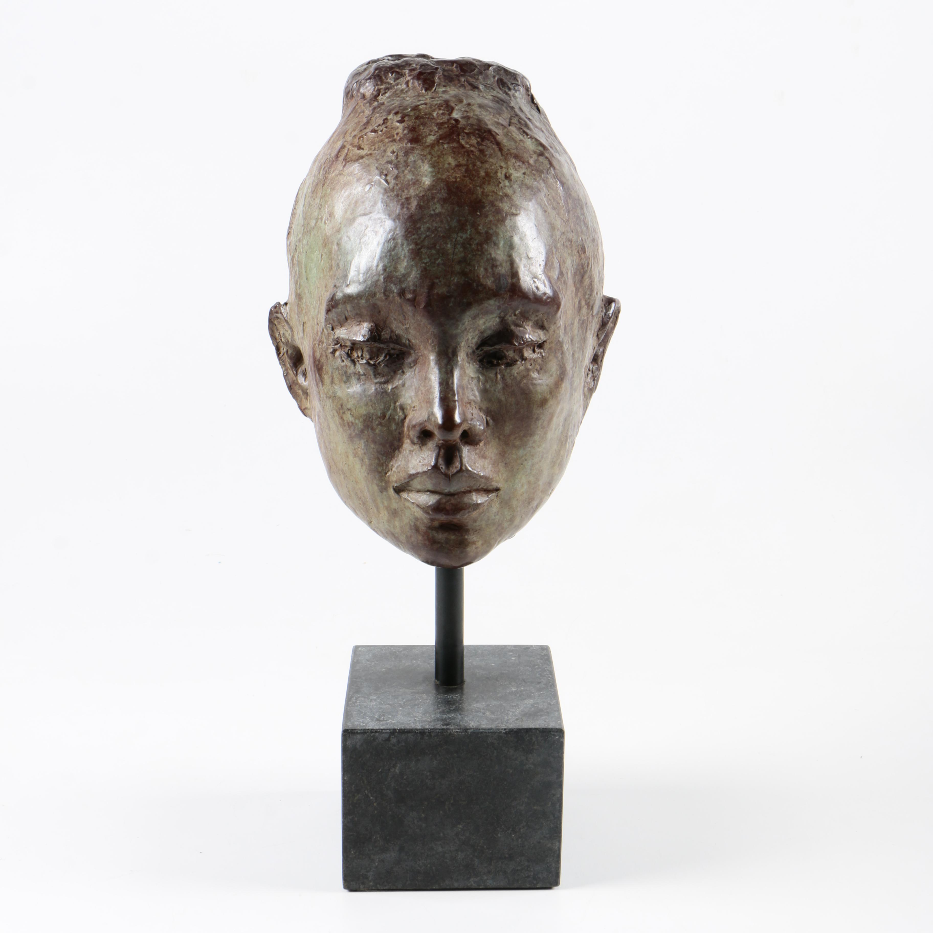 Signed Bronze Sculpture of a Female Head
