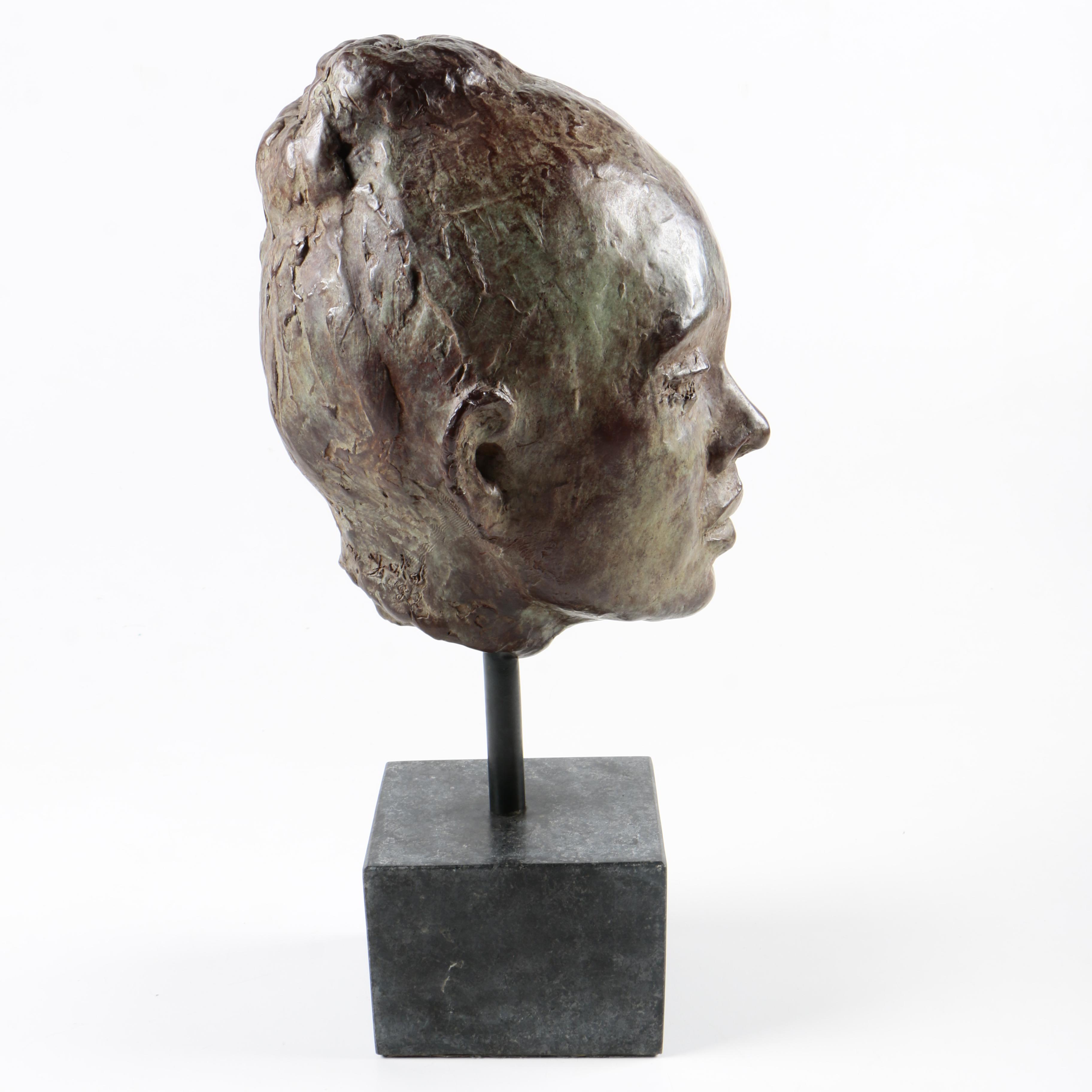Signed Bronze Sculpture of a Female Head