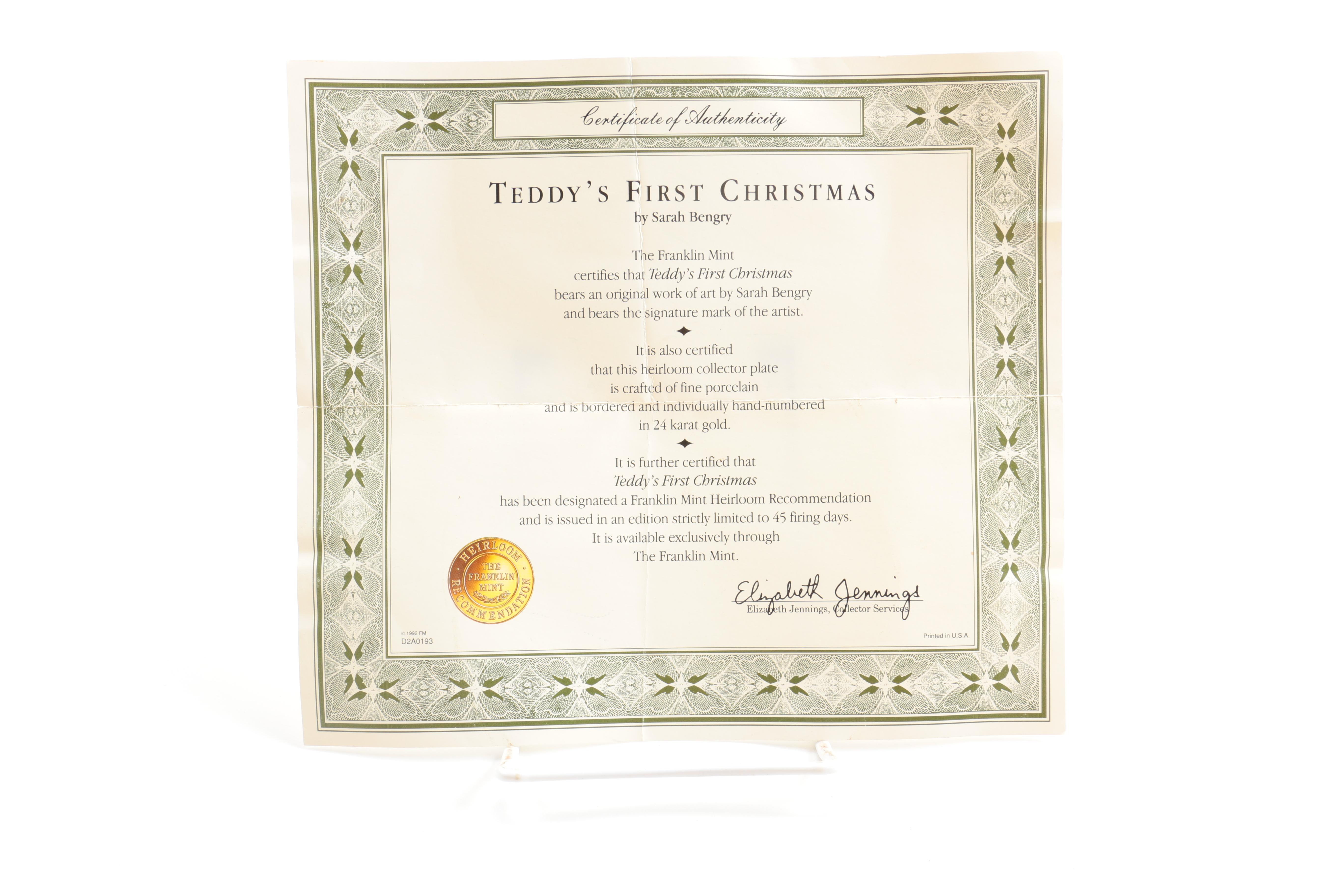 Franklin Mint "Teddy's First Christmas" Collector's Plate