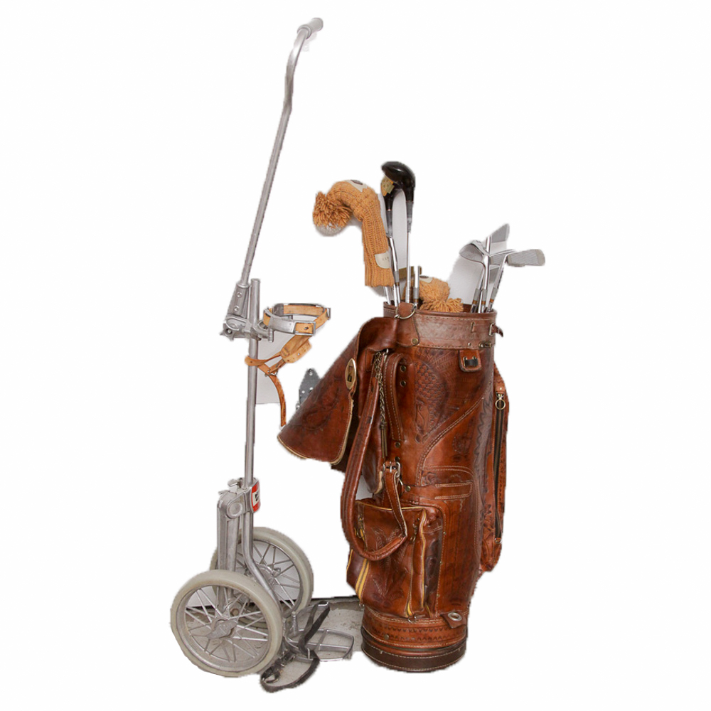 Vintage Tooled Leather Golf Bag with Clubs and Hand Cart