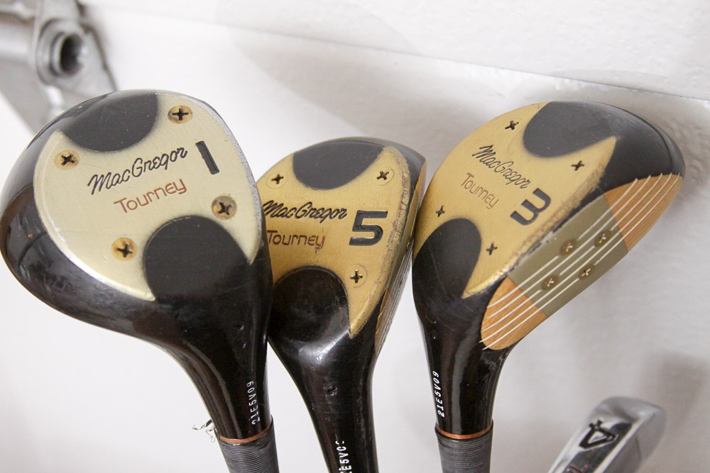 Vintage Tooled Leather Golf Bag with Clubs and Hand Cart