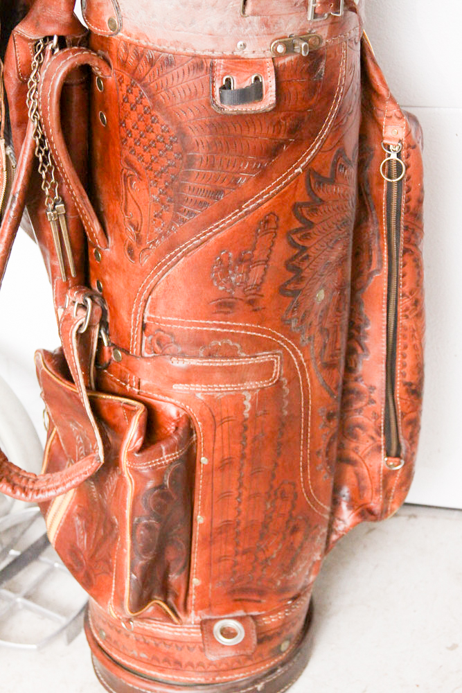Vintage Tooled Leather Golf Bag with Clubs and Hand Cart