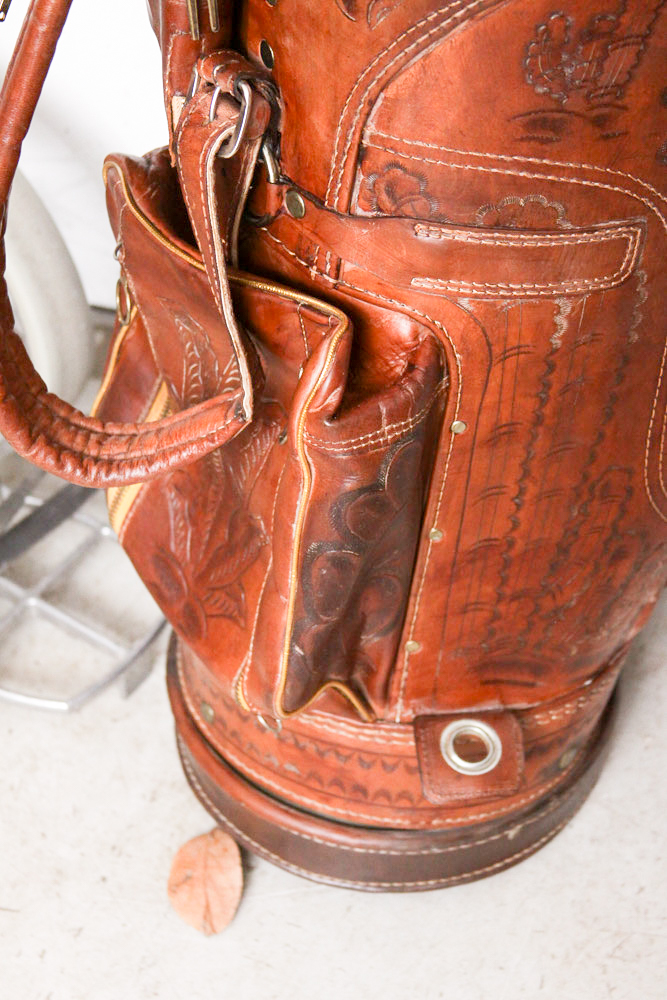 Vintage Tooled Leather Golf Bag with Clubs and Hand Cart