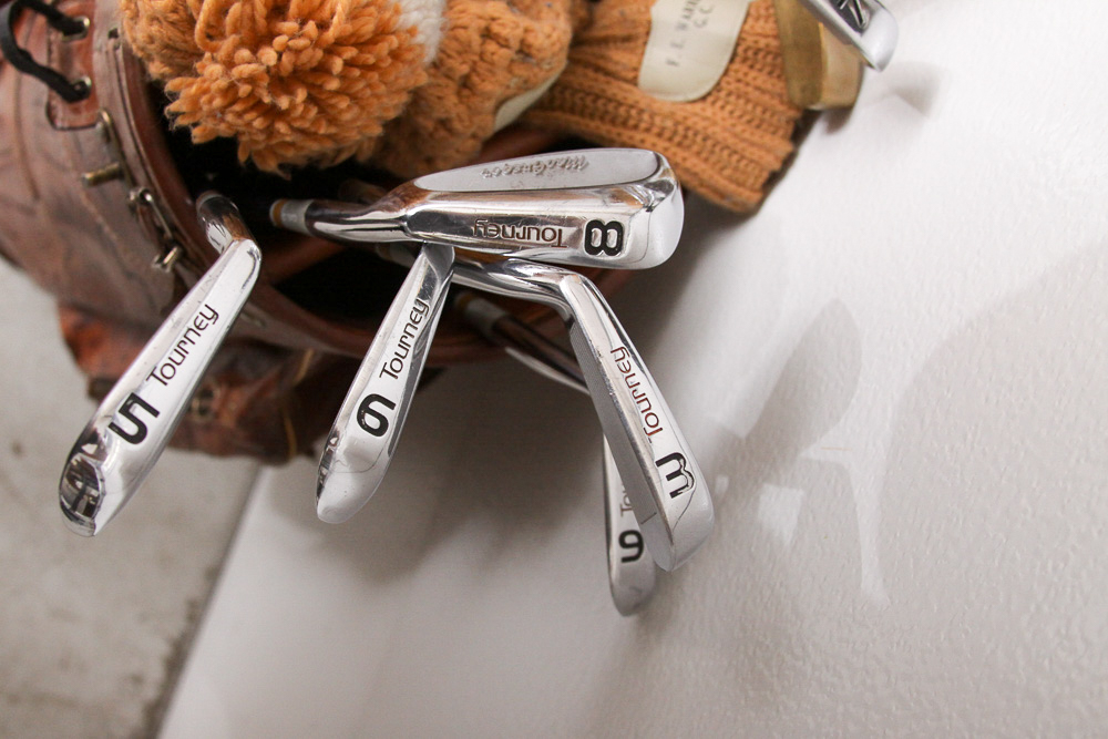 Vintage Tooled Leather Golf Bag with Clubs and Hand Cart