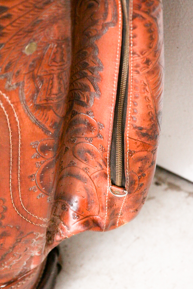 Vintage Tooled Leather Golf Bag with Clubs and Hand Cart