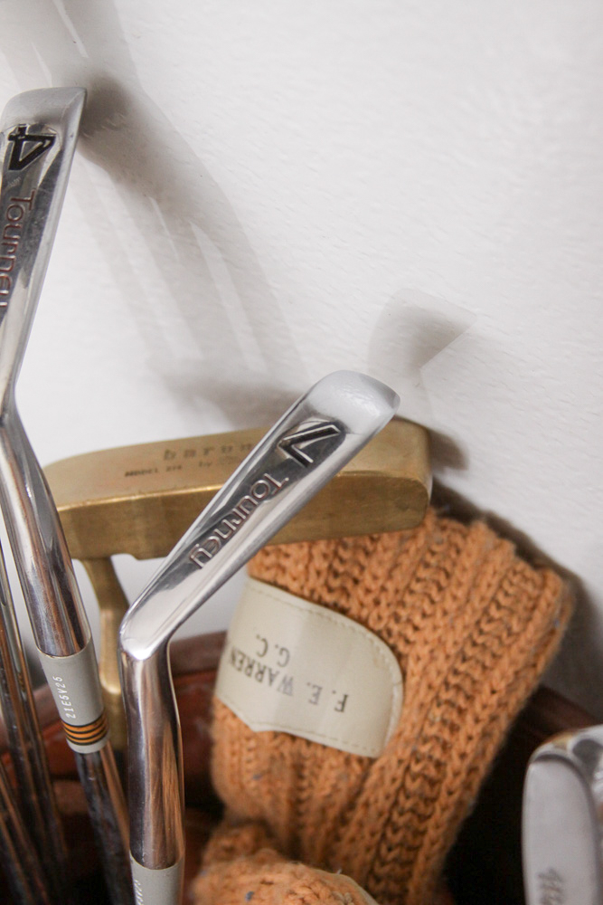 Vintage Tooled Leather Golf Bag with Clubs and Hand Cart
