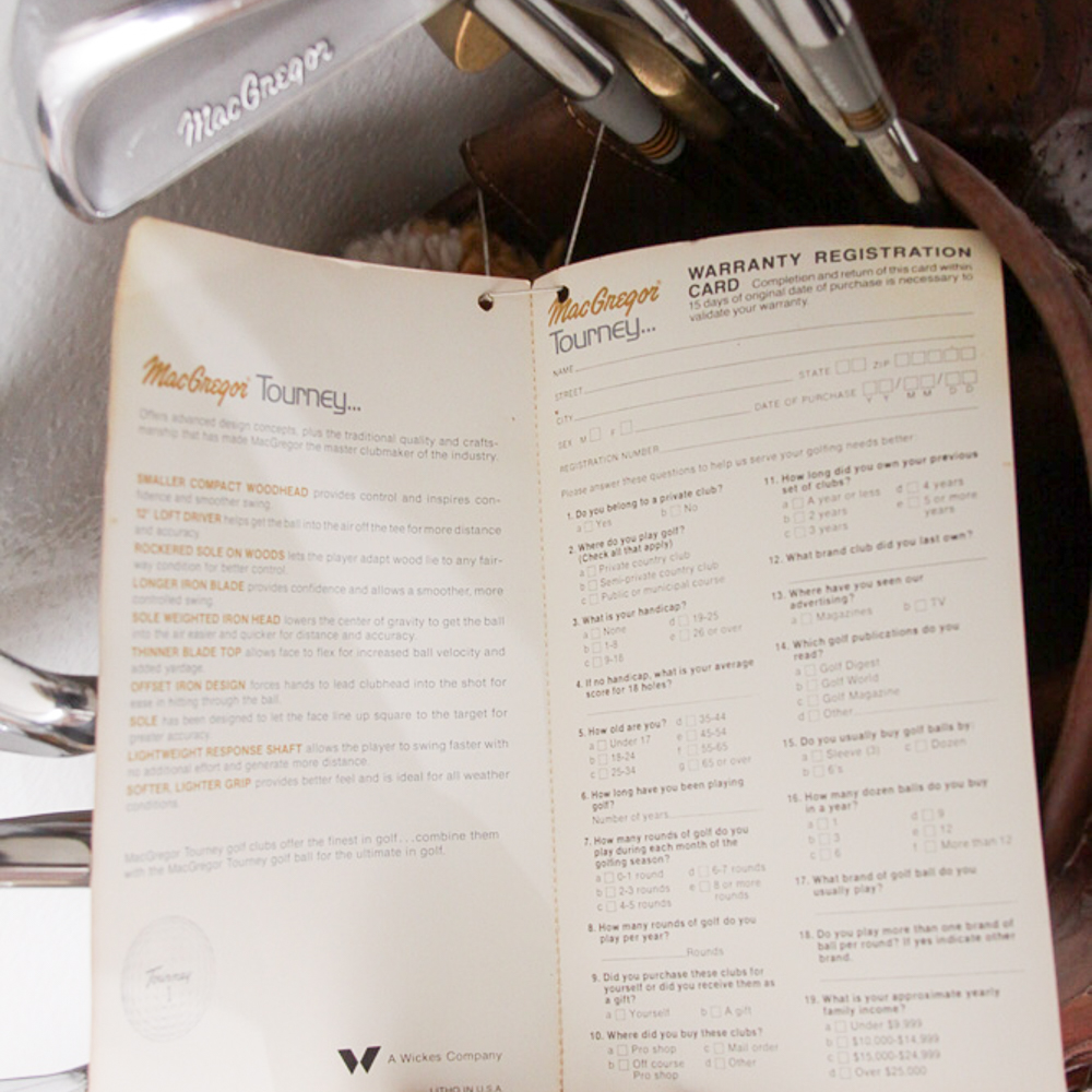 Vintage Tooled Leather Golf Bag with Clubs and Hand Cart