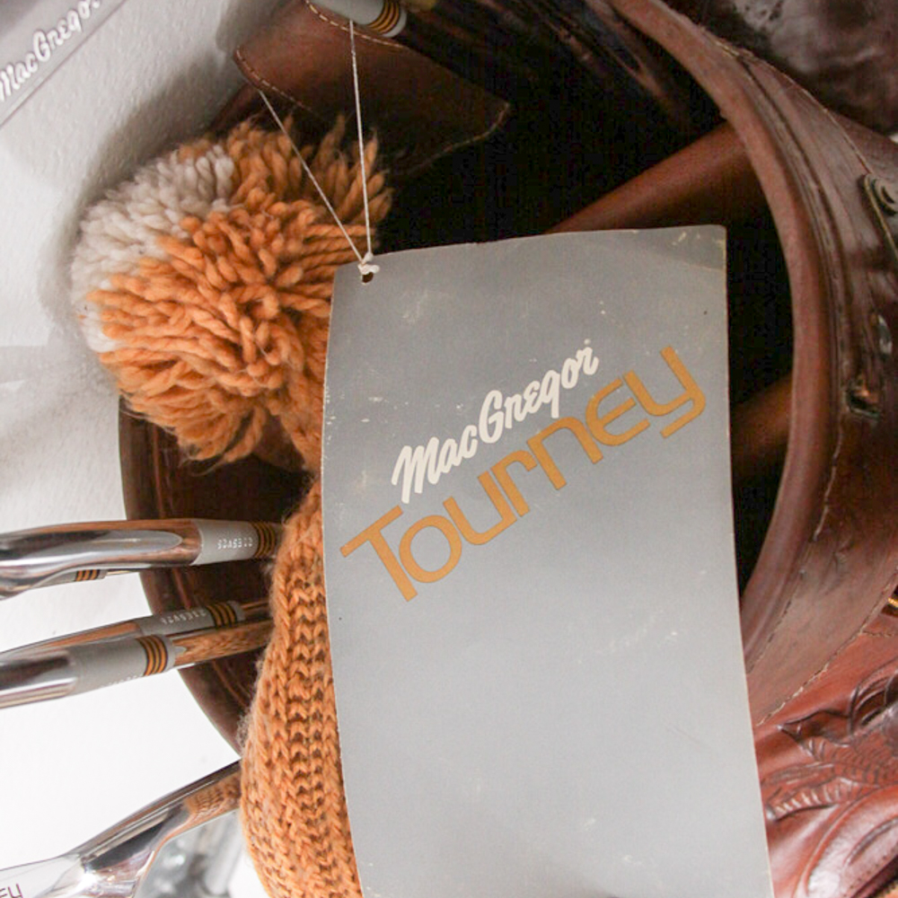 Vintage Tooled Leather Golf Bag with Clubs and Hand Cart