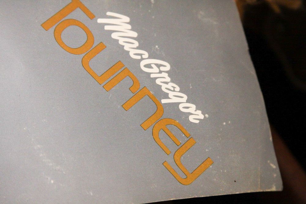 Vintage Tooled Leather Golf Bag with Clubs and Hand Cart