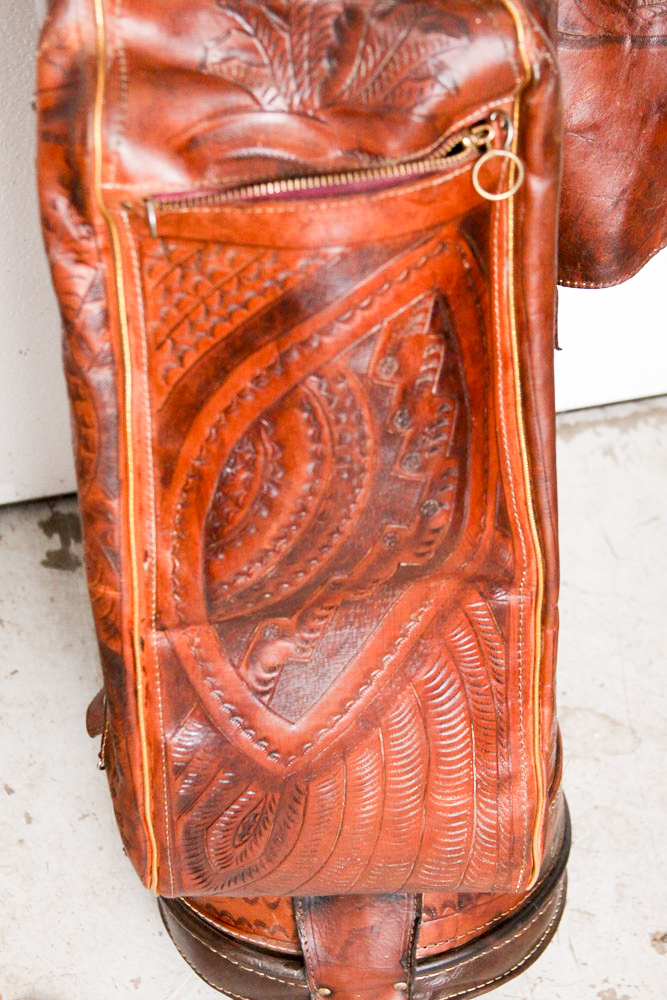 Vintage Tooled Leather Golf Bag with Clubs and Hand Cart