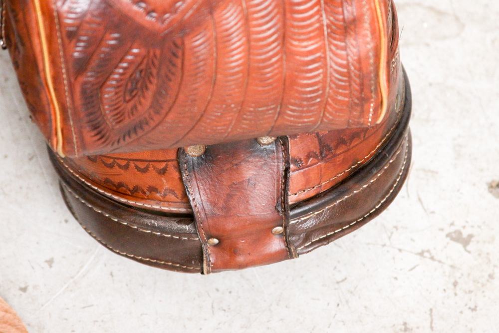 Vintage Tooled Leather Golf Bag with Clubs and Hand Cart