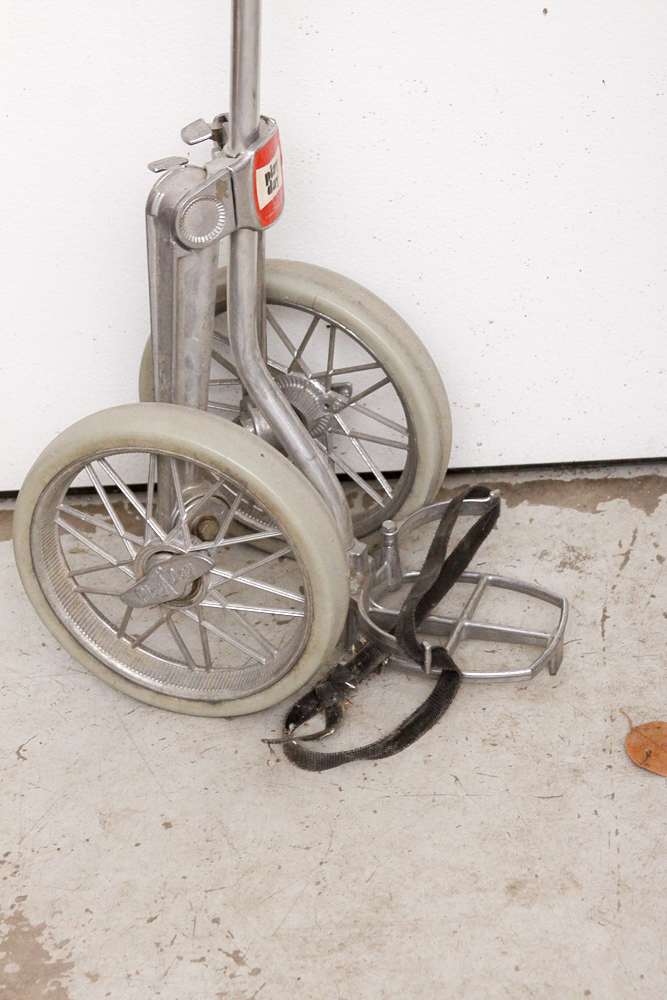 Vintage Tooled Leather Golf Bag with Clubs and Hand Cart