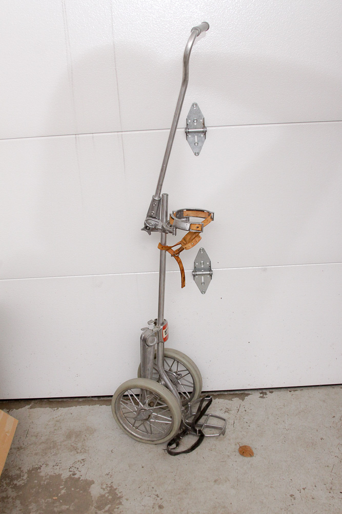 Vintage Tooled Leather Golf Bag with Clubs and Hand Cart