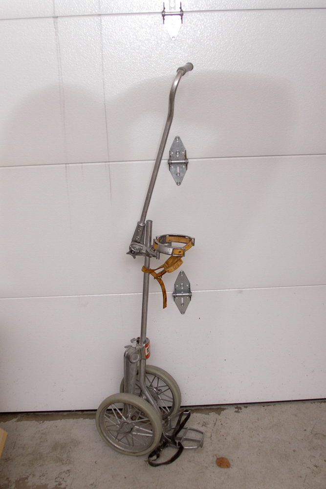 Vintage Tooled Leather Golf Bag with Clubs and Hand Cart