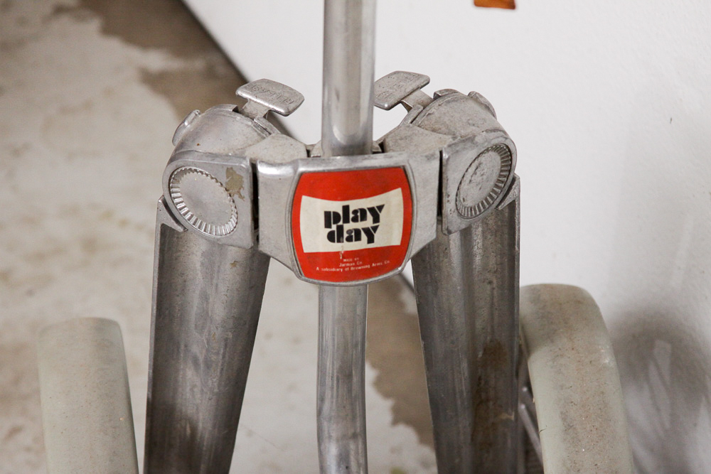 Vintage Tooled Leather Golf Bag with Clubs and Hand Cart