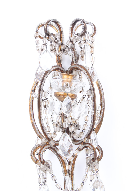Transitional Louis XV/XVI Style Gilt-Wood and Faceted Glass Chandelier Sconces