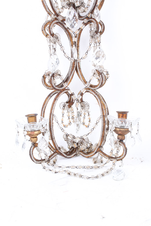 Transitional Louis XV/XVI Style Gilt-Wood and Faceted Glass Chandelier Sconces