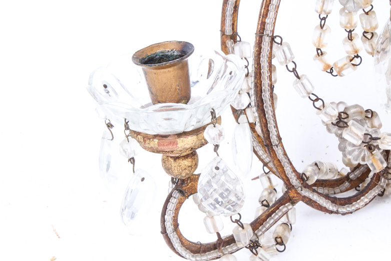 Transitional Louis XV/XVI Style Gilt-Wood and Faceted Glass Chandelier Sconces