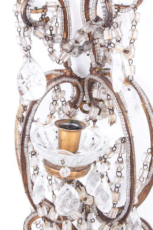 Transitional Louis XV/XVI Style Gilt-Wood and Faceted Glass Chandelier Sconces