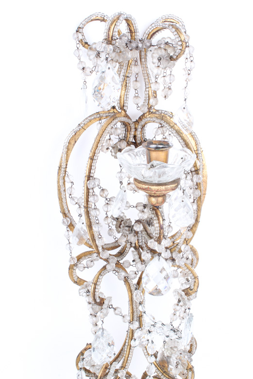 Transitional Louis XV/XVI Style Gilt-Wood and Faceted Glass Chandelier Sconces