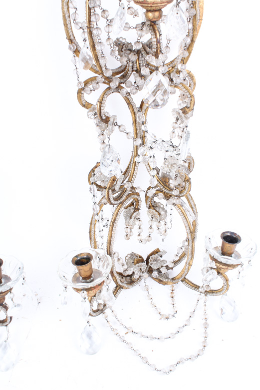 Transitional Louis XV/XVI Style Gilt-Wood and Faceted Glass Chandelier Sconces