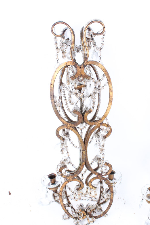 Transitional Louis XV/XVI Style Gilt-Wood and Faceted Glass Chandelier Sconces