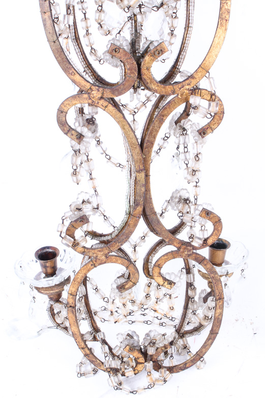 Transitional Louis XV/XVI Style Gilt-Wood and Faceted Glass Chandelier Sconces