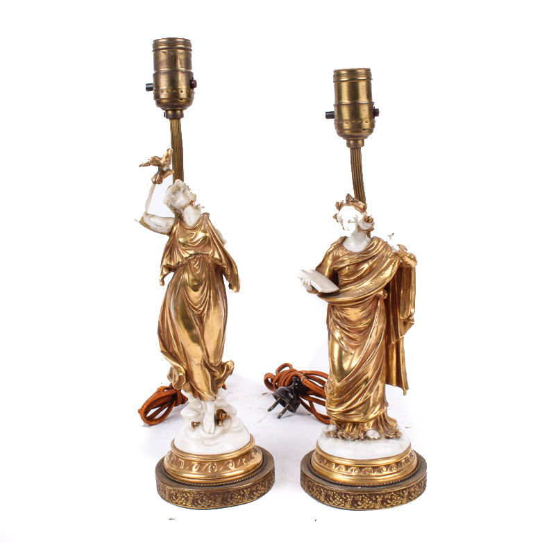 Figural Gold Tone Grecian Style Lamps