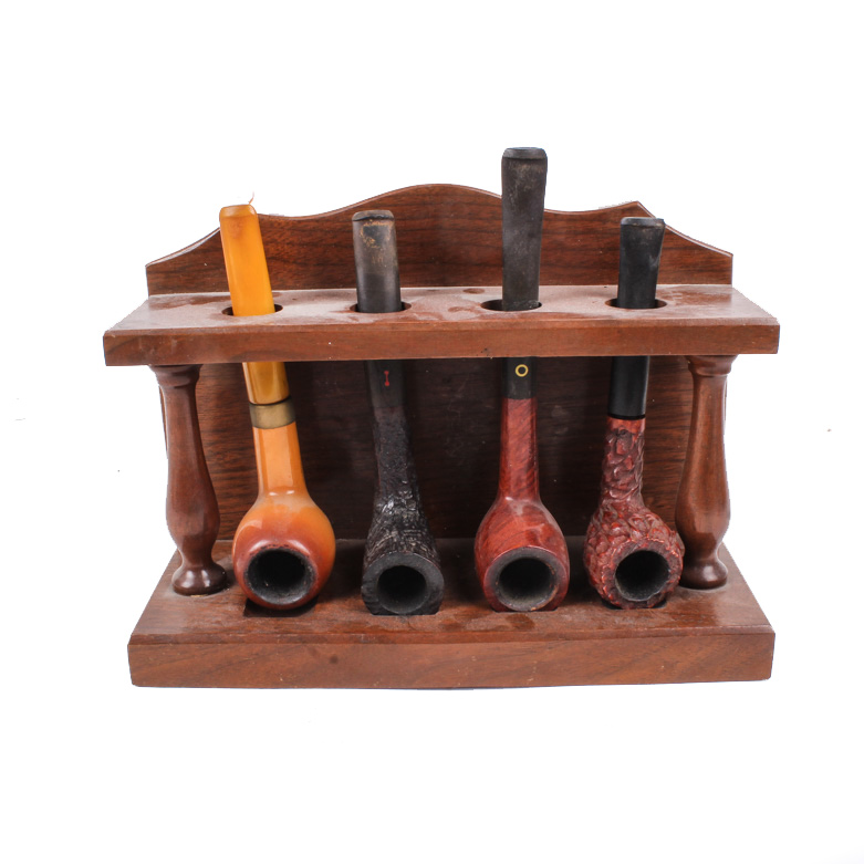 Collection of Smoking Pipes in Wooden Stand