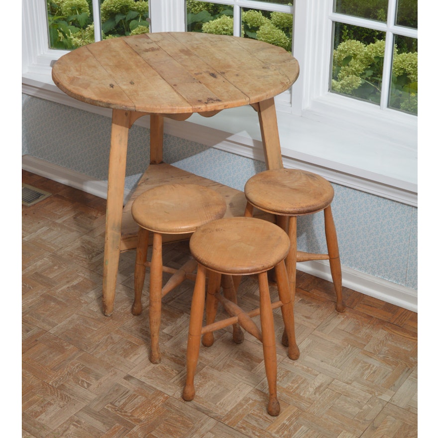 Antique Pine Cricket Table and Farmhouse Style Stools