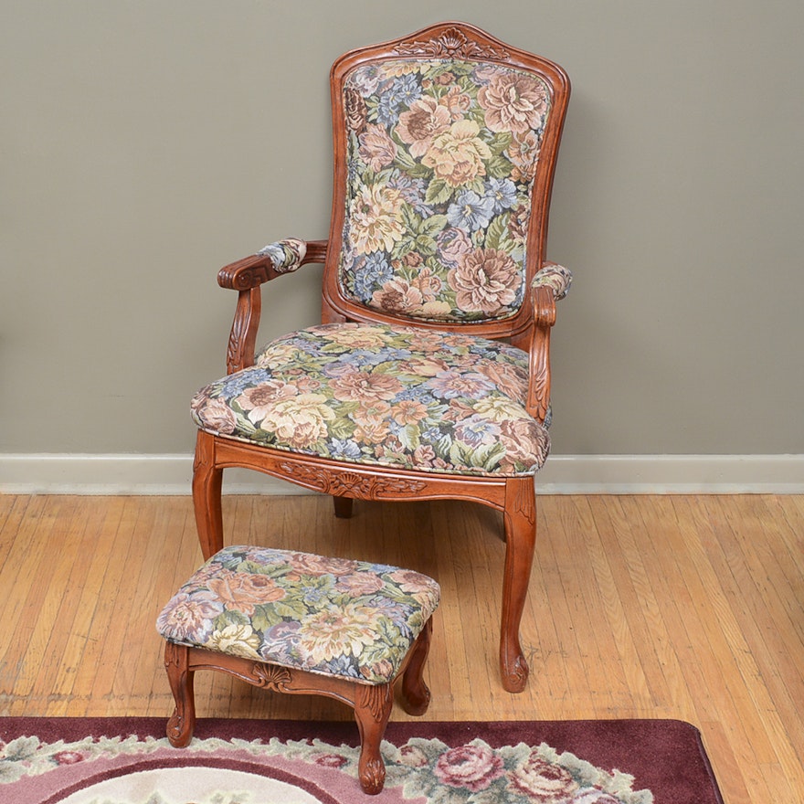 Vintage Queen Anne Style Arm Chair with Ottoman