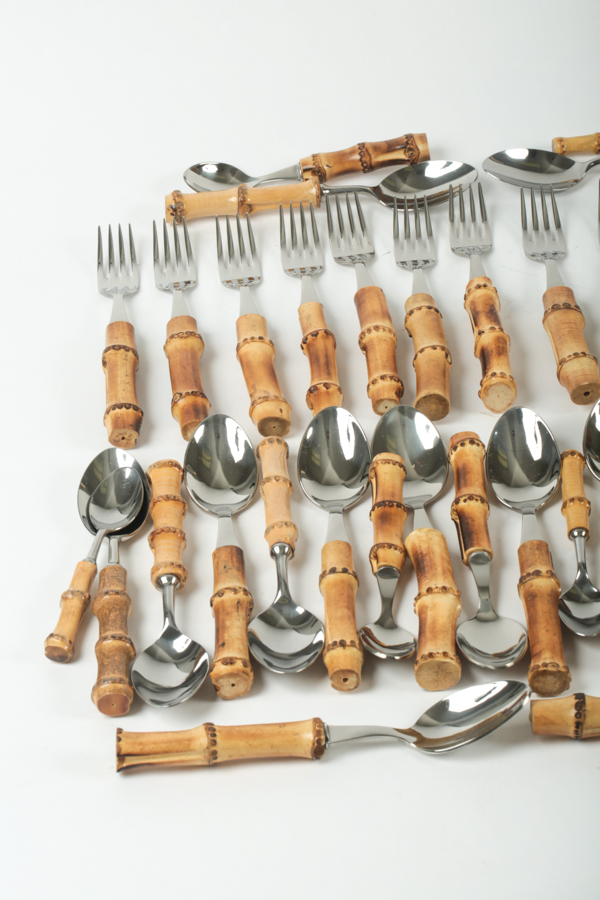 Assembled Set of Stainless Steel Flatware with Bamboo Handles