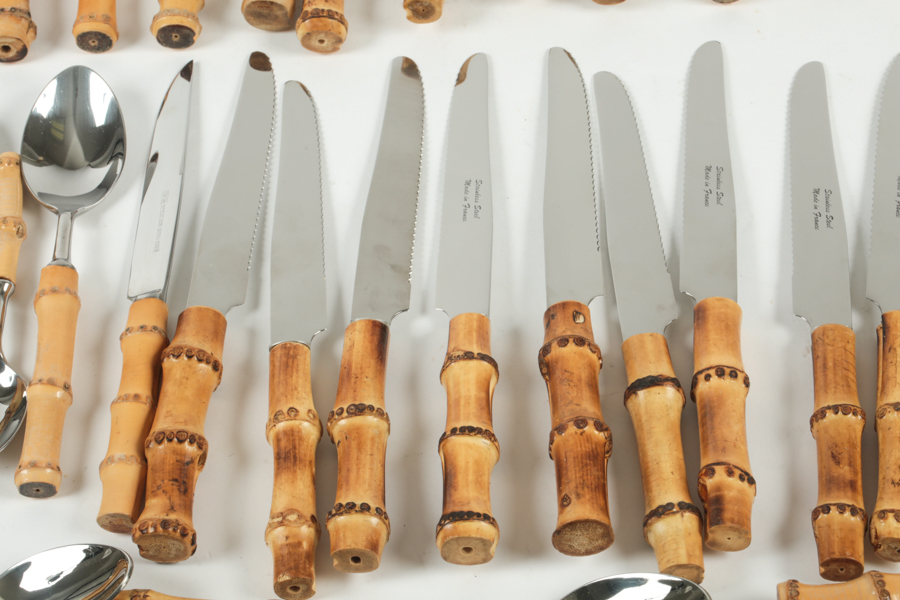 Assembled Set of Stainless Steel Flatware with Bamboo Handles