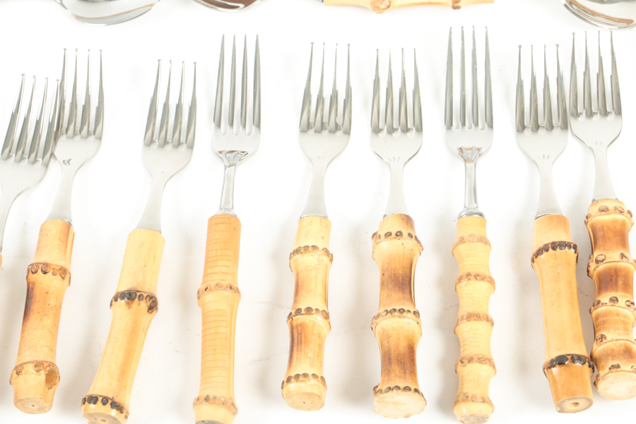 Assembled Set of Stainless Steel Flatware with Bamboo Handles