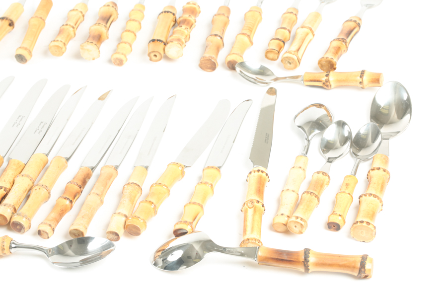 Assembled Set of Stainless Steel Flatware with Bamboo Handles