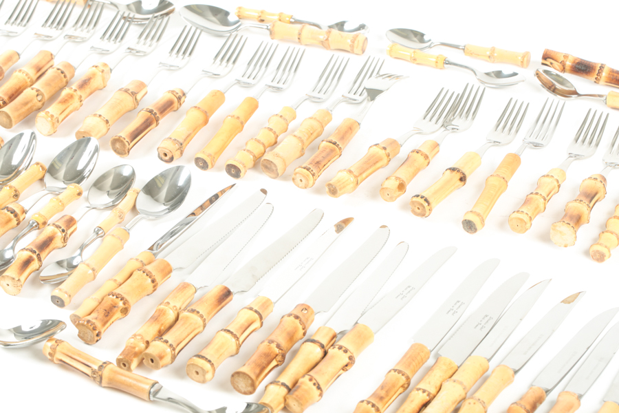 Assembled Set of Stainless Steel Flatware with Bamboo Handles