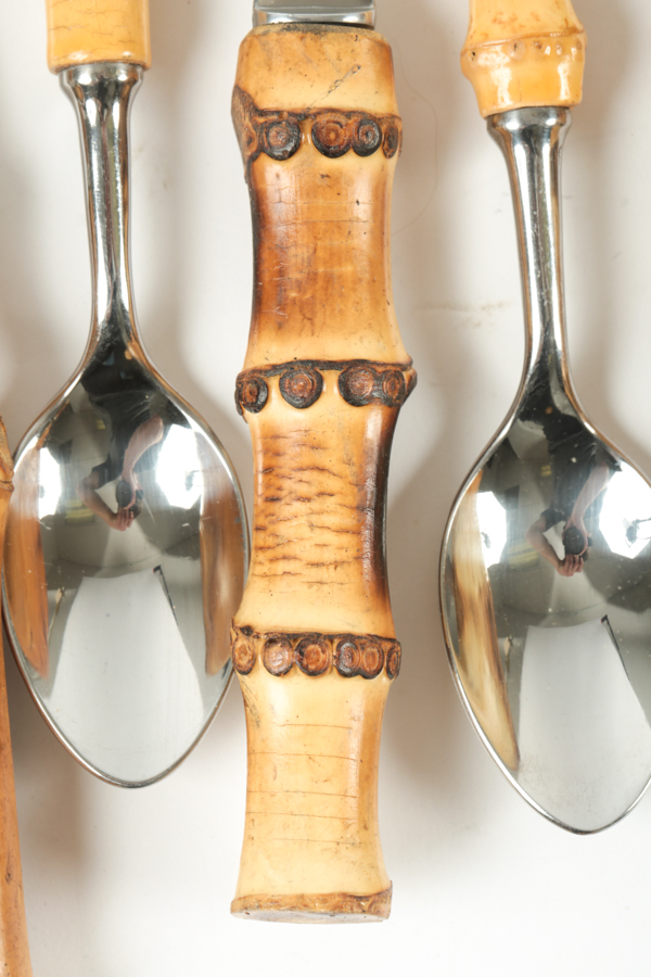 Assembled Set of Stainless Steel Flatware with Bamboo Handles