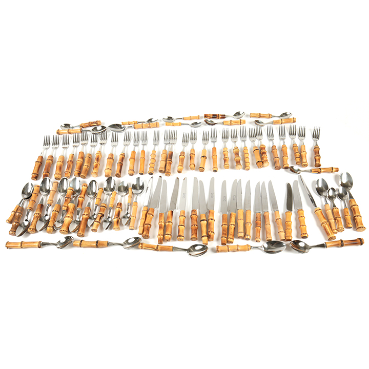 Assembled Set of Stainless Steel Flatware with Bamboo Handles