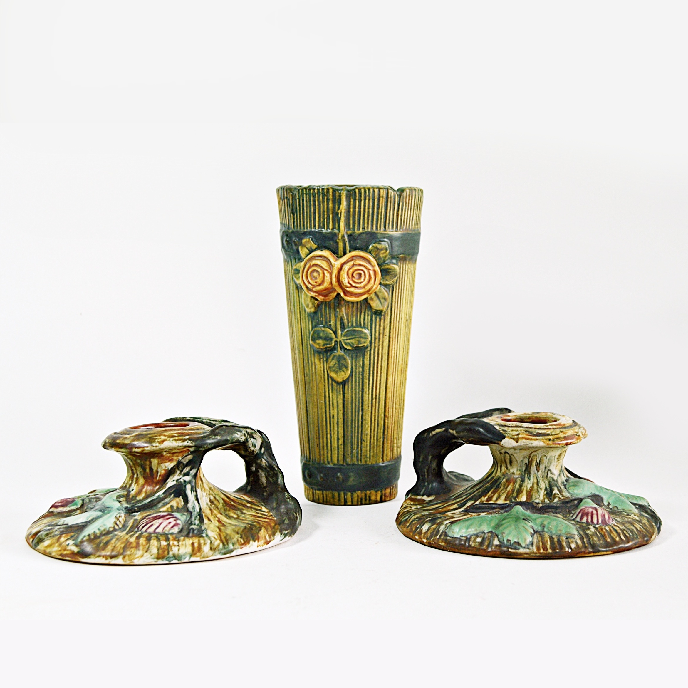 Vintage Weller "Warwick" Candleholders and "Woodrose" Wall Vase