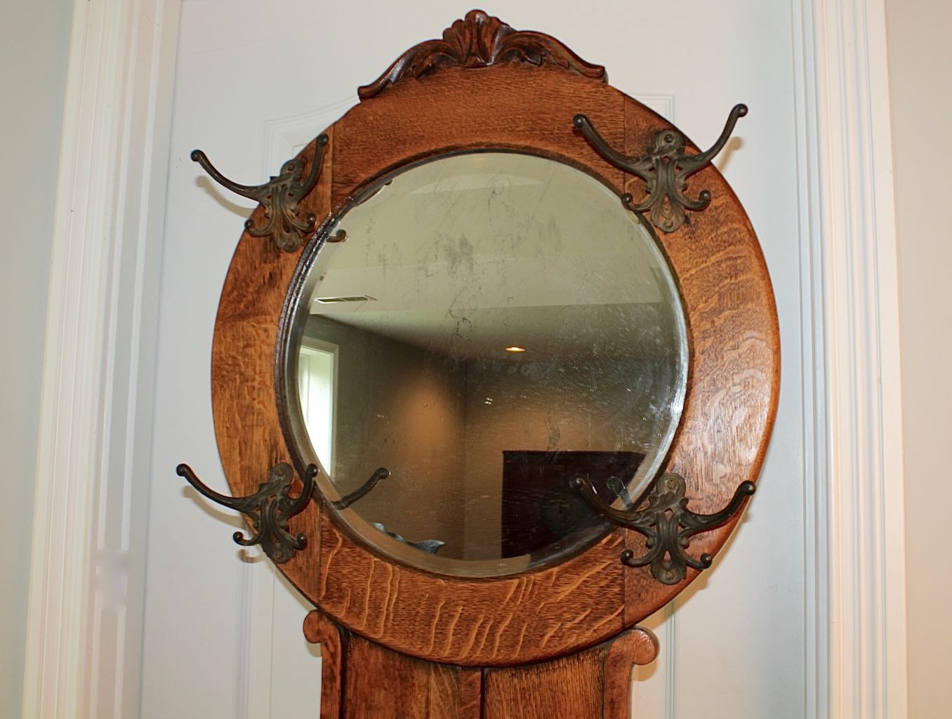 Antique Oak Mirrored Hall Tree Chair with Side Umbrella Stand