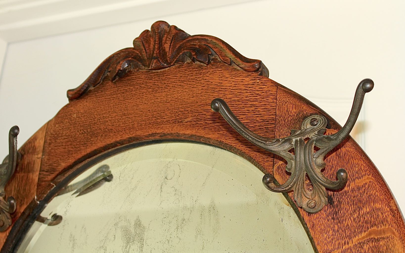 Antique Oak Mirrored Hall Tree Chair with Side Umbrella Stand