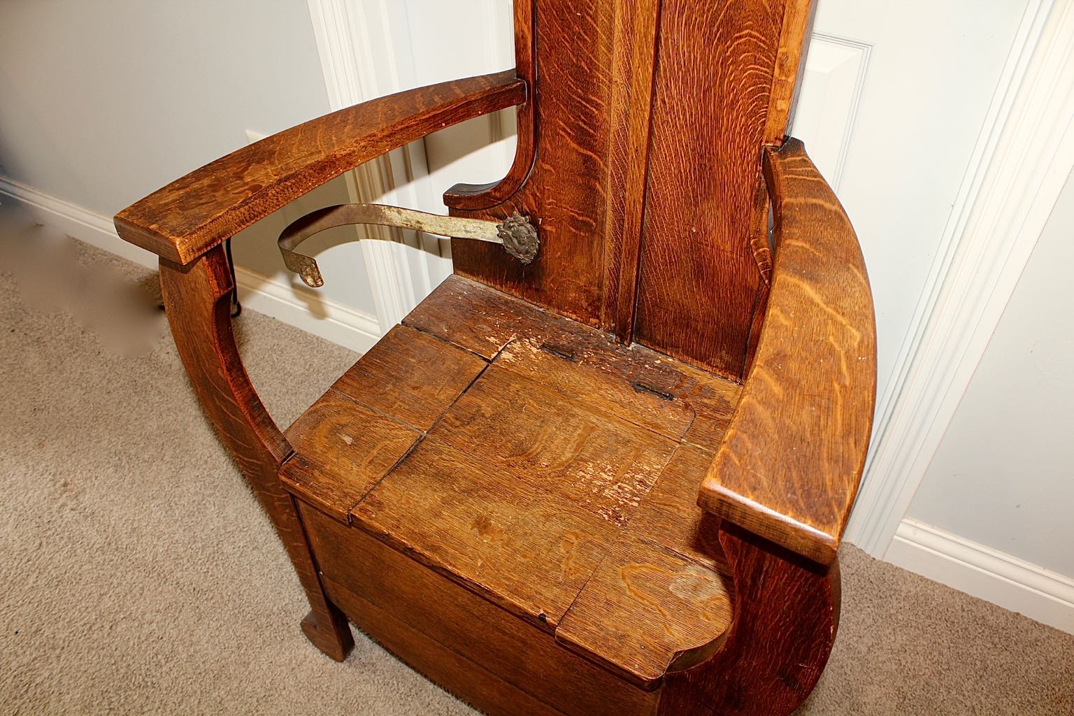 Antique Oak Mirrored Hall Tree Chair with Side Umbrella Stand