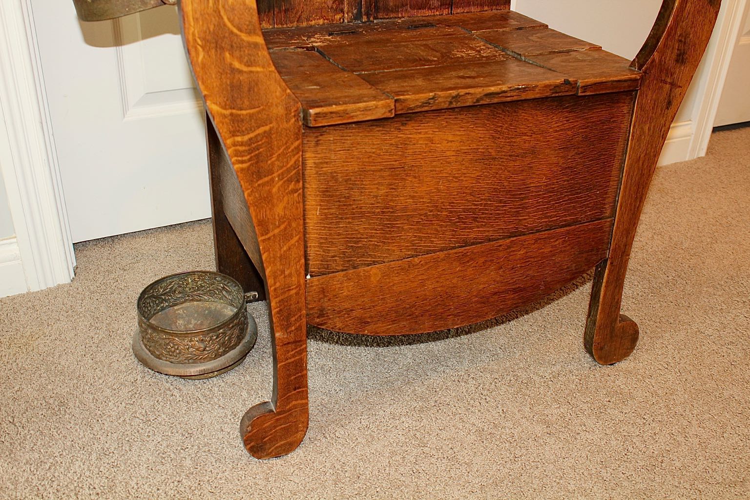 Antique Oak Mirrored Hall Tree Chair with Side Umbrella Stand